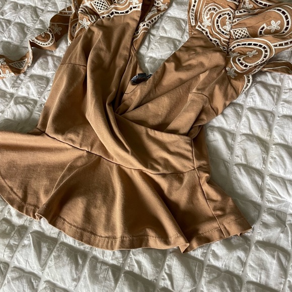 Tan Peplum Wrap Blouse with Cap Sleeves - Picture 6 of 9